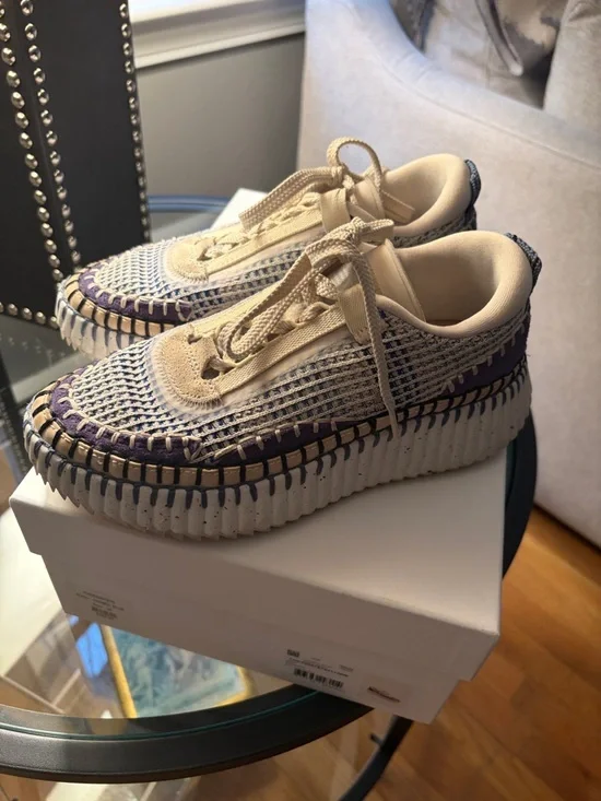 Chloé Cosmic Blue Woven-Trim Sneakers - Cream with Blue Stitching - Picture 4 of 5